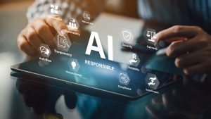 AI responsible technology concept displayed on tablet with icons for security, fairness, transparency, compliance, and collaboration in business environment