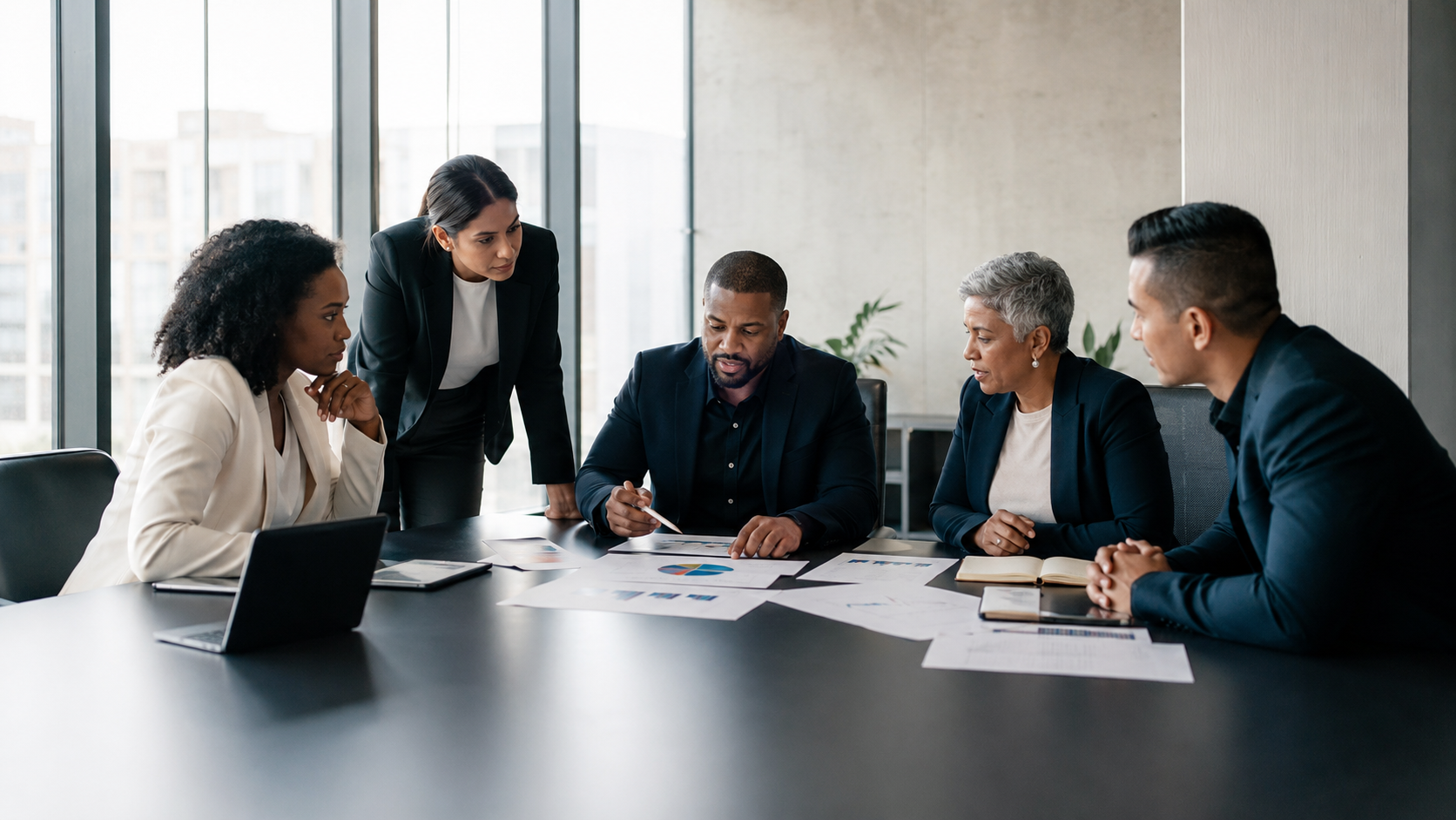 Diverse business leaders and minority-owned firm executives reviewing financial reports and operational strategy during a corporate meeting, representing collaboration, financial planning, supply chain resilience, and growth strategies in a tight economy for minority-owned businesses.